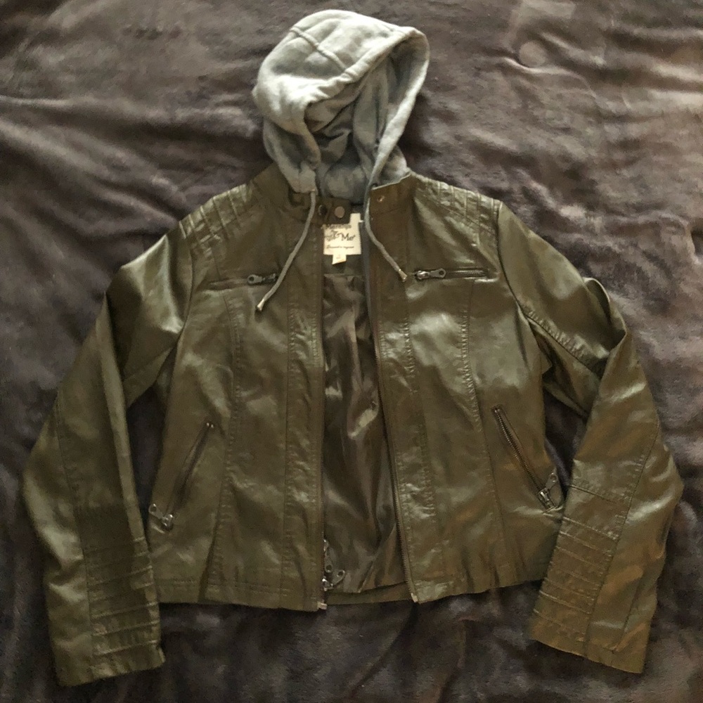 Hooded leather jacket.